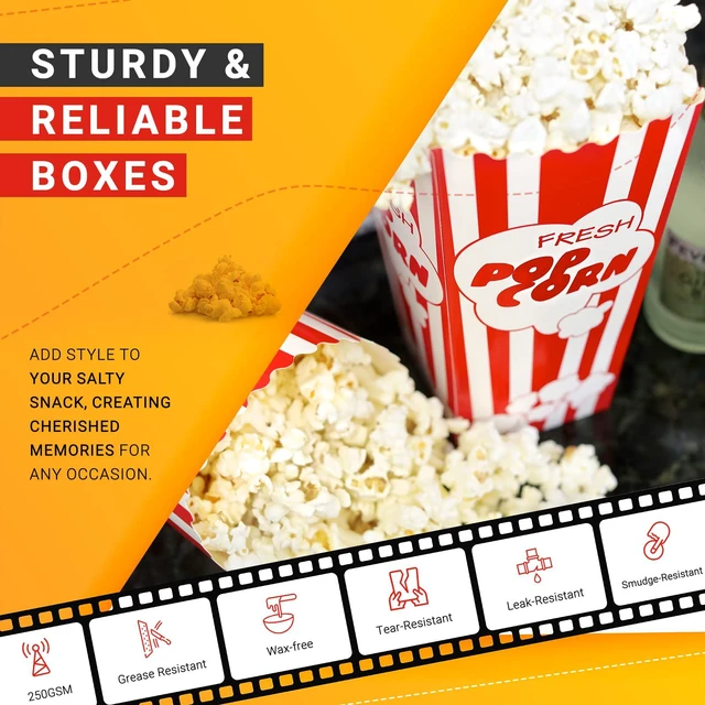 Alt view image 3 of 7 - 110 Tall Movie Night Paper Popcorn Boxes Nostalgic Red White Stripe Large buckets hold 46oz, stand 7.75 inches, with vintage, old-fashioned retro carnival stripes. Other quantities available