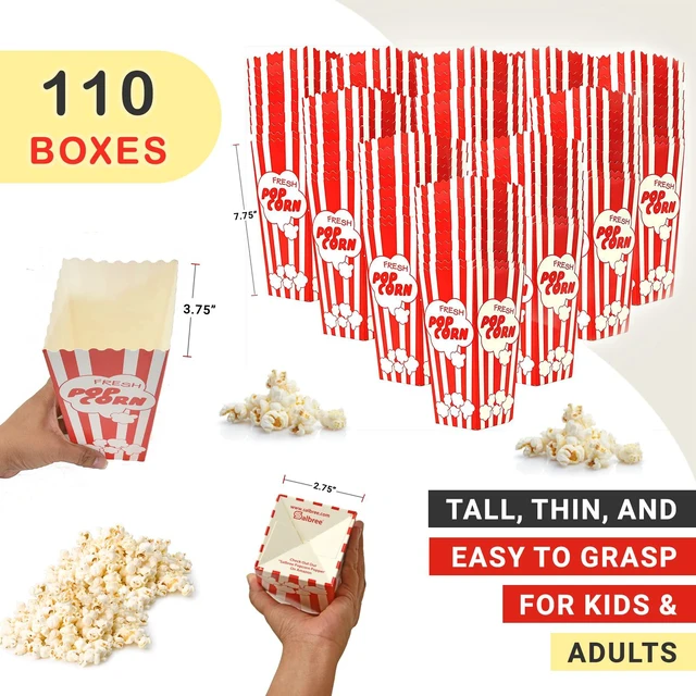 Alt view image 2 of 7 - 110 Tall Movie Night Paper Popcorn Boxes Nostalgic Red White Stripe Large buckets hold 46oz, stand 7.75 inches, with vintage, old-fashioned retro carnival stripes. Other quantities available