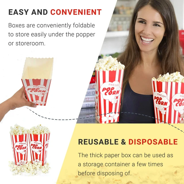 Alt view image 5 of 7 - 110 Tall Movie Night Paper Popcorn Boxes Nostalgic Red White Stripe Large buckets hold 46oz, stand 7.75 inches, with vintage, old-fashioned retro carnival stripes. Other quantities available