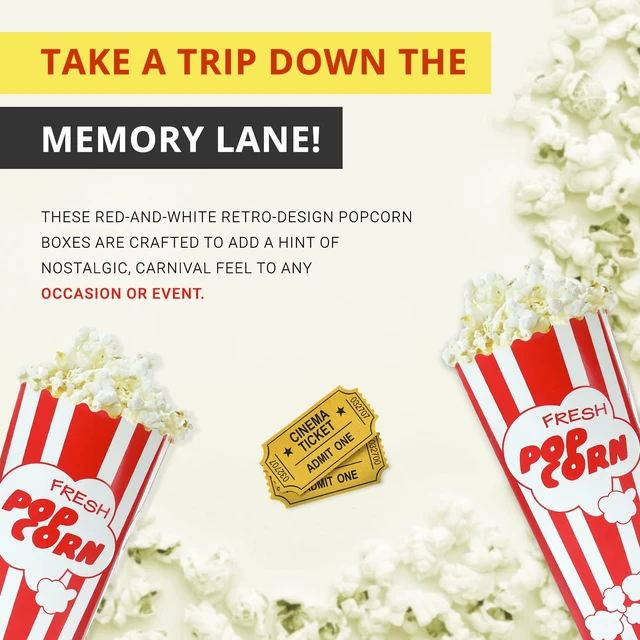 Alt view image 4 of 7 - 110 Tall Movie Night Paper Popcorn Boxes Nostalgic Red White Stripe Large buckets hold 46oz, stand 7.75 inches, with vintage, old-fashioned retro carnival stripes. Other quantities available
