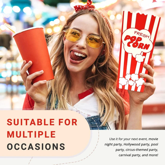 Alt view image 6 of 7 - 110 Tall Movie Night Paper Popcorn Boxes Nostalgic Red White Stripe Large buckets hold 46oz, stand 7.75 inches, with vintage, old-fashioned retro carnival stripes. Other quantities available