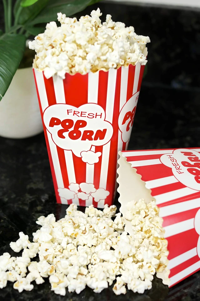 Alt view image 7 of 7 - 110 Tall Movie Night Paper Popcorn Boxes Nostalgic Red White Stripe Large buckets hold 46oz, stand 7.75 inches, with vintage, old-fashioned retro carnival stripes. Other quantities available