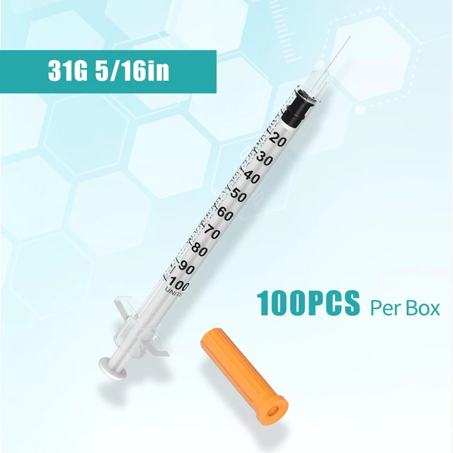 Alt view image 2 of 7 - 1ml/cc Disposable Syringe with 31Ga 5/16" (8mm) Needle,(100 Pack) Individually Wrapped| Lab Supplies
