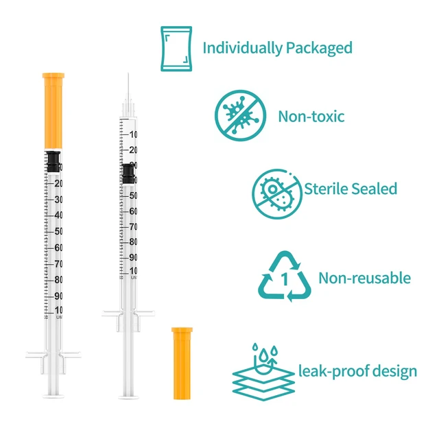 Alt view image 5 of 7 - 1ml/cc Disposable Syringe with 31Ga 5/16" (8mm) Needle,(100 Pack) Individually Wrapped| Lab Supplies