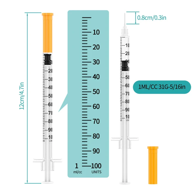 Alt view image 3 of 7 - 1ml/cc Disposable Syringe with 31Ga 5/16" (8mm) Needle,(100 Pack) Individually Wrapped| Lab Supplies
