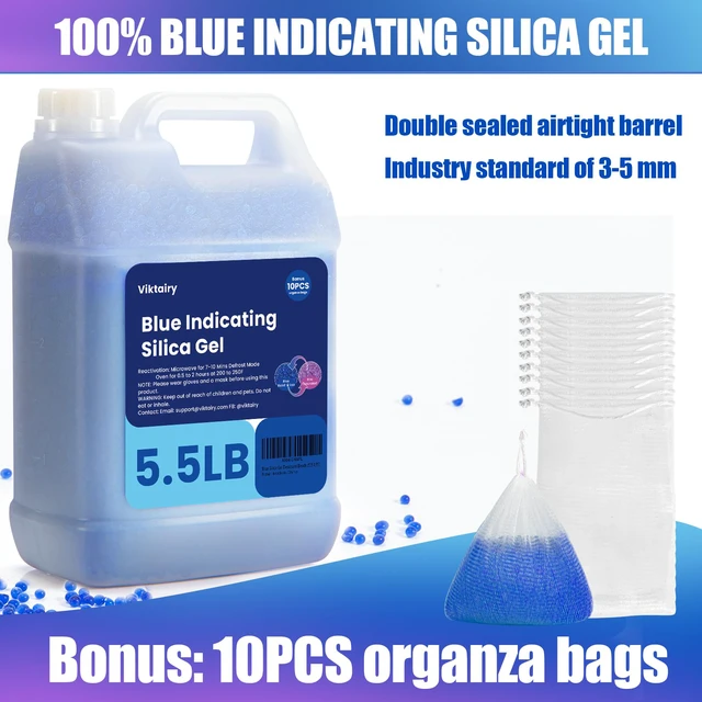 Alt view image 4 of 6 - 5.5 LBS Blue Silica Gel Desiccant Beads, Reusable & Color Indicating Premium Desiccant Bulk, Industry 3-5 mm Silica Beads Dehumidifier for 3D Filament, Camera, Jewelry, Safe (10 PCS Bags)