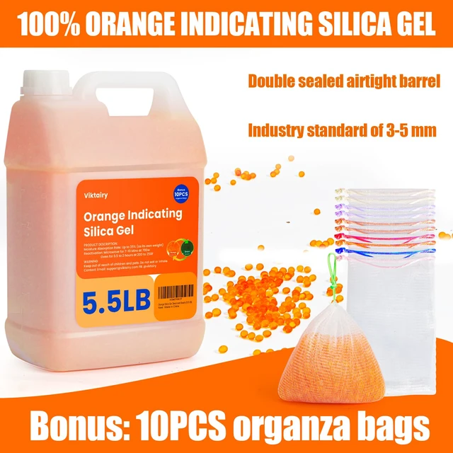 Alt view image 2 of 6 - 5.5 LBS Orange Silica Gel Desiccant Beads, Reusable & Color Indicating Premium Desiccant Bulk, Industry Standard 3-5 mm Silica Beads for 3D Filament, Camera, Jewelry, Safe (10PC Organza Bag)
