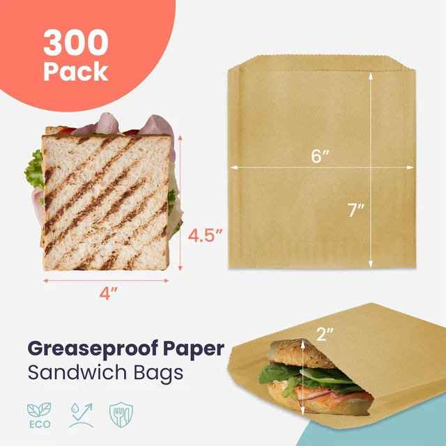 Alt view image 2 of 7 - 300 Pack Sandwich Bags 7 x 6", Greaseproof Snack Bags, Unbleached Pastry Bag, Recyclable Small Brown Paper Bags, Cookie Sleeves, Food Packing for Bakery, Donuts