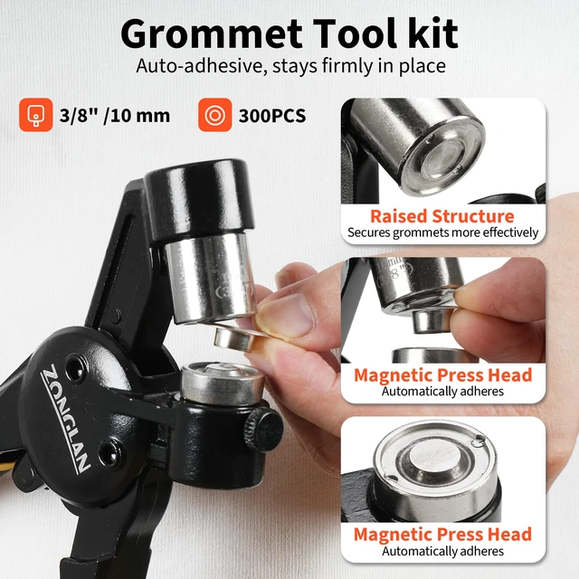 Alt view image 2 of 7 - Grommet Tool Kit, 3/8 Inch Handheld Eyelet Kit Hole Punch Grommet Eyelet Press Pliers with 300 Silver Anti-Rust Grommets for Tarp Leather Fabric Tent and So On