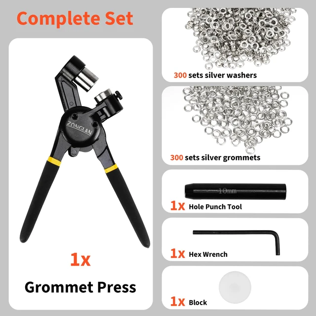 Alt view image 3 of 7 - Grommet Tool Kit, 3/8 Inch Handheld Eyelet Kit Hole Punch Grommet Eyelet Press Pliers with 300 Silver Anti-Rust Grommets for Tarp Leather Fabric Tent and So On