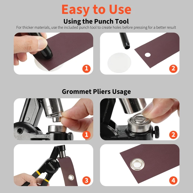 Alt view image 5 of 7 - Grommet Tool Kit, 3/8 Inch Handheld Eyelet Kit Hole Punch Grommet Eyelet Press Pliers with 300 Silver Anti-Rust Grommets for Tarp Leather Fabric Tent and So On