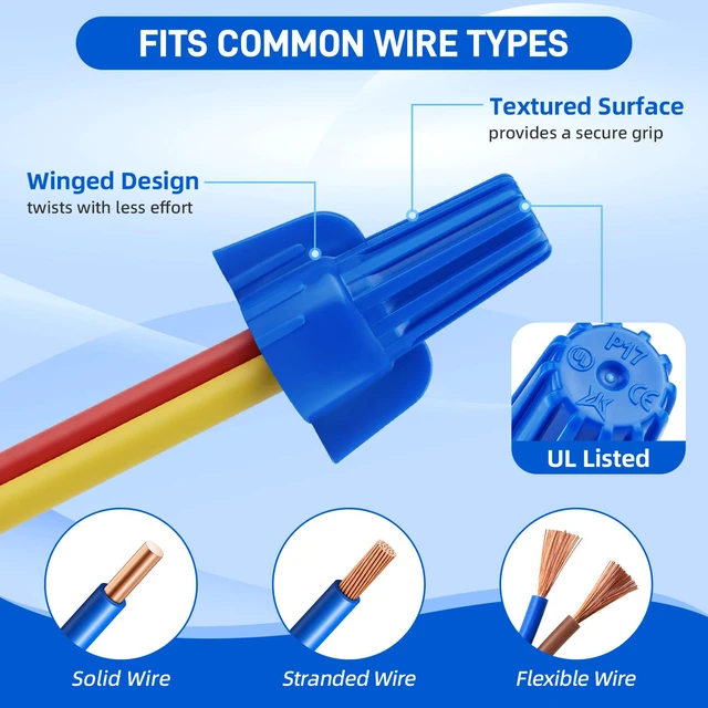 Alt view image 4 of 7 - 100 Pcs Blue Wire Connectors Nuts, Winged UL Listed Wire Caps 14-6 AWG, Twist-On Nuts Screw Wires Cap Large, for Home Electric Wiring, DIY Repairs & Commercial Use, Assortment Available
