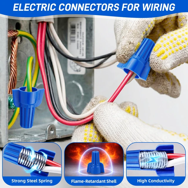 Alt view image 6 of 7 - 100 Pcs Blue Wire Connectors Nuts, Winged UL Listed Wire Caps 14-6 AWG, Twist-On Nuts Screw Wires Cap Large, for Home Electric Wiring, DIY Repairs & Commercial Use, Assortment Available