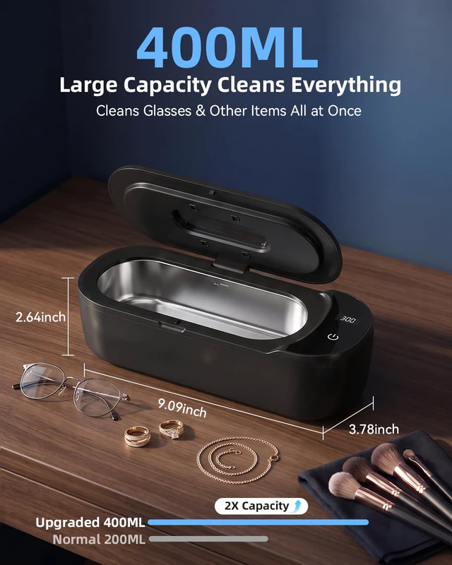 Alt view image 5 of 6 - Ultrasonic Jewelry Cleaner, 400ml Sonic Cleaner for Rings, Glasses 4 LED Light & Display, 48kHz Ultrasonic Cleaner, 400ml 304 Tank, Quiet 45dB, Dual 5/10min Timers, Overheat Protection, Black
