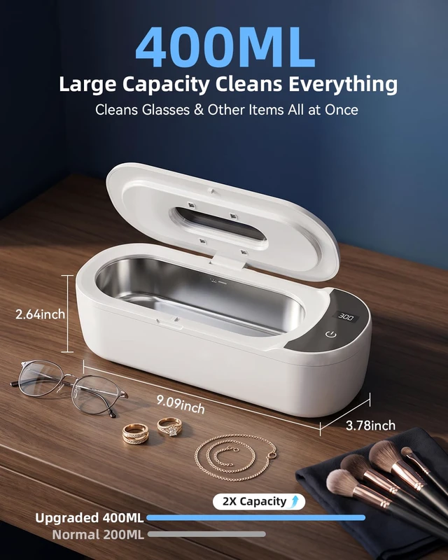 Alt view image 5 of 6 - Ultrasonic Jewelry Cleaner, 400ml Sonic Cleaner for Rings, Glasses 4 LED Light & Display, 48kHz Ultrasonic Cleaner, 400ml 304 Tank, Quiet 45dB, Dual 5/10min Timers, Overheat Protection, White