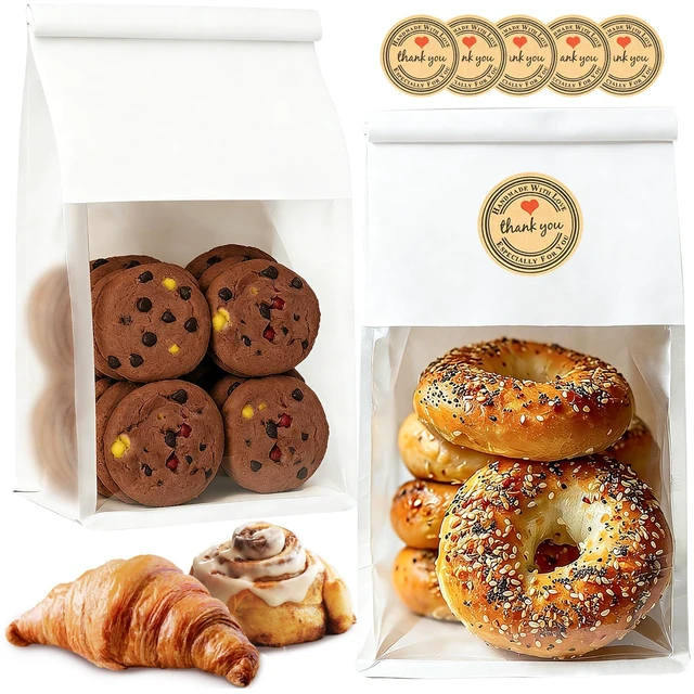 Main image of 50 PCS White Bread Bags for Homemade Breads, 11x5.1x3.9 Inch Resealable Cookie Bags with Tin Tie Tab Lock, Paper Bakery Bag with Window for Packaging Bagels, Scone, Brownie, Baked Goods Storage