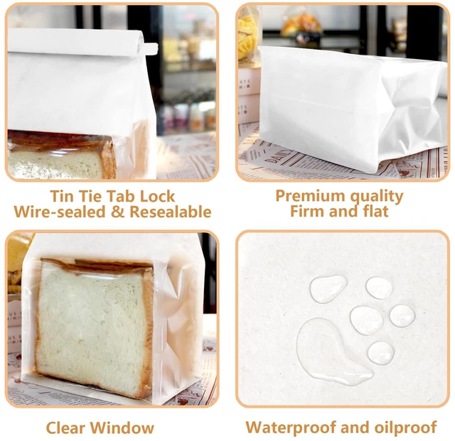 Alt view image 4 of 6 - 50 PCS White Bread Bags for Homemade Breads, 11x5.1x3.9 Inch Resealable Cookie Bags with Tin Tie Tab Lock, Paper Bakery Bag with Window for Packaging Bagels, Scone, Brownie, Baked Goods Storage