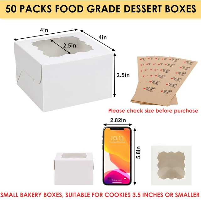 Alt view image 2 of 7 - 50pcs Small Cookie Boxes with Window, 4x4x2.5In White Bakery Boxes Food-grade Treat Boxes with 5pcs Stickers for Small Cookies, Treats, Desserts, Chocolate Covered Strawberries, Mini Cake