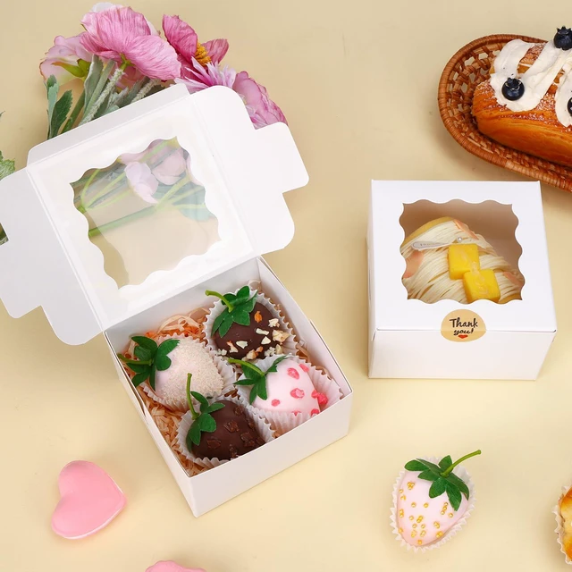 Alt view image 5 of 7 - 50pcs Small Cookie Boxes with Window, 4x4x2.5In White Bakery Boxes Food-grade Treat Boxes with 5pcs Stickers for Small Cookies, Treats, Desserts, Chocolate Covered Strawberries, Mini Cake