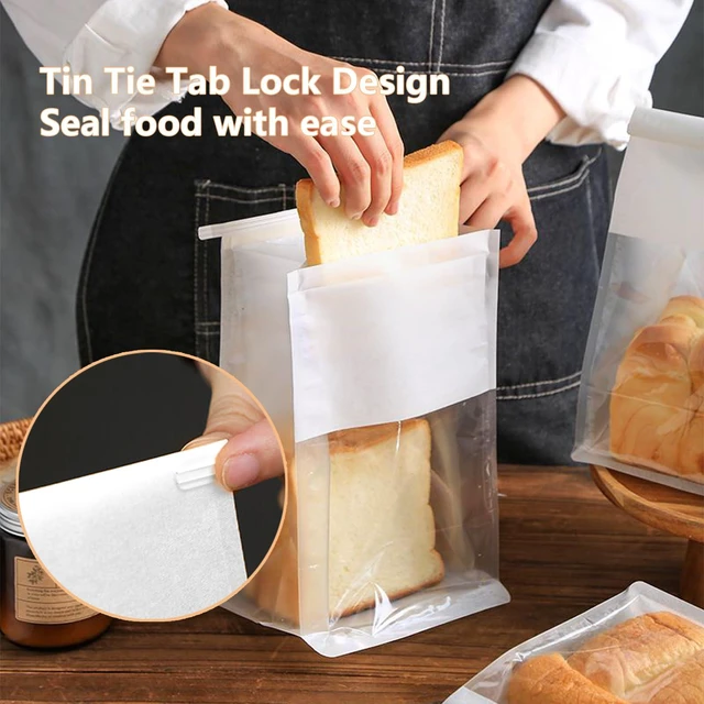 Alt view image 6 of 6 - 50 PCS White Bread Bags for Homemade Breads, 11x5.1x3.9 Inch Resealable Cookie Bags with Tin Tie Tab Lock, Paper Bakery Bag with Window for Packaging Bagels, Scone, Brownie, Baked Goods Storage