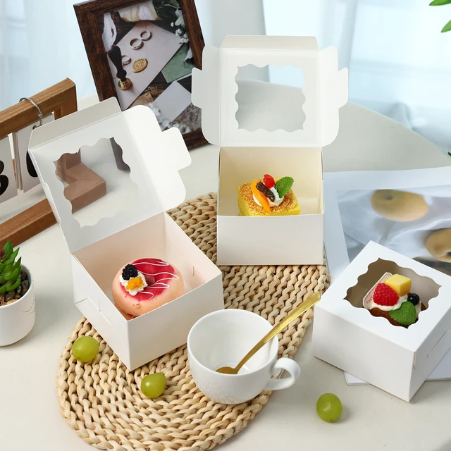 Alt view image 6 of 7 - 50pcs Small Cookie Boxes with Window, 4x4x2.5In White Bakery Boxes Food-grade Treat Boxes with 5pcs Stickers for Small Cookies, Treats, Desserts, Chocolate Covered Strawberries, Mini Cake