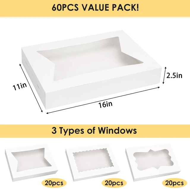 Alt view image 2 of 7 - 60pcs 16x11x2.5 Inches Bakery Boxes with 3 Style Window Large Cookie Boxes (Not Popup) with 3 Style Window for Bakery, Pastries, Donuts, Muffins, Chocolate Covered Strawberries