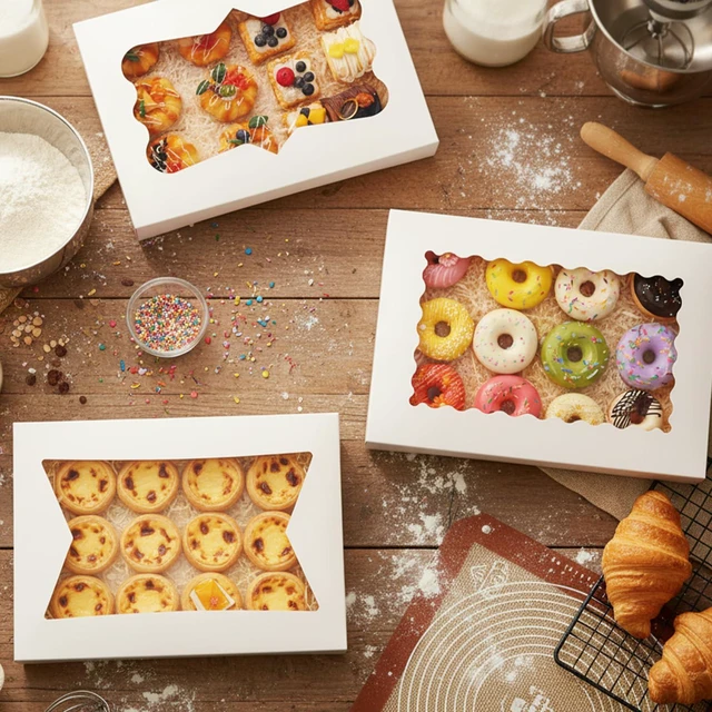 Alt view image 6 of 7 - 60pcs 16x11x2.5 Inches Bakery Boxes with 3 Style Window Large Cookie Boxes (Not Popup) with 3 Style Window for Bakery, Pastries, Donuts, Muffins, Chocolate Covered Strawberries