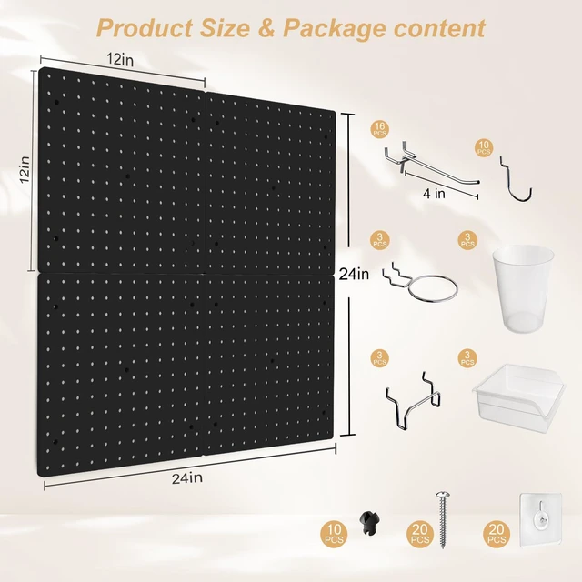 Alt view image 2 of 7 - Modular Plastic Peg Board Wall Organizer Kit, 12x12, Black Includes 26 hooks and 6 bins, adhesive or drill mounting, ideal for office, craft room, kitchen