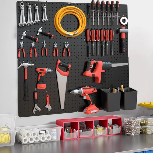 Alt view image 7 of 7 - Modular Plastic Peg Board Wall Organizer Kit, 12x12, Black Includes 26 hooks and 6 bins, adhesive or drill mounting, ideal for office, craft room, kitchen