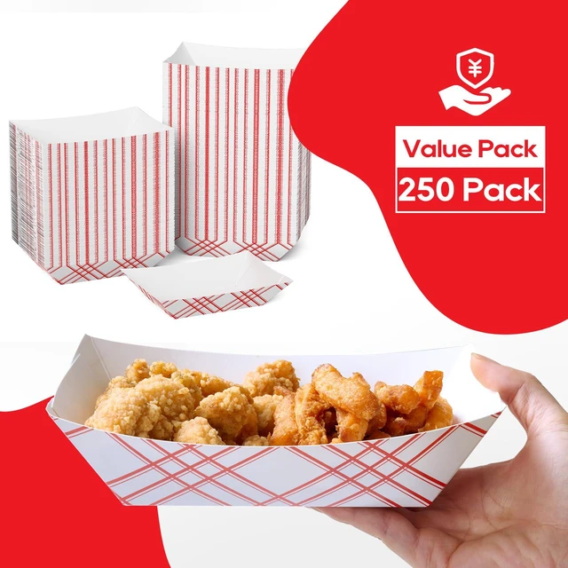 Alt view image 2 of 7 - 250 Pack 3lb Paper Food Tray Red, Disposable Paper Boat for Nacho Food Holder Trays, Serving Boats for Taco Hot Dog Snack Fries Dessert Popcorn Sauce