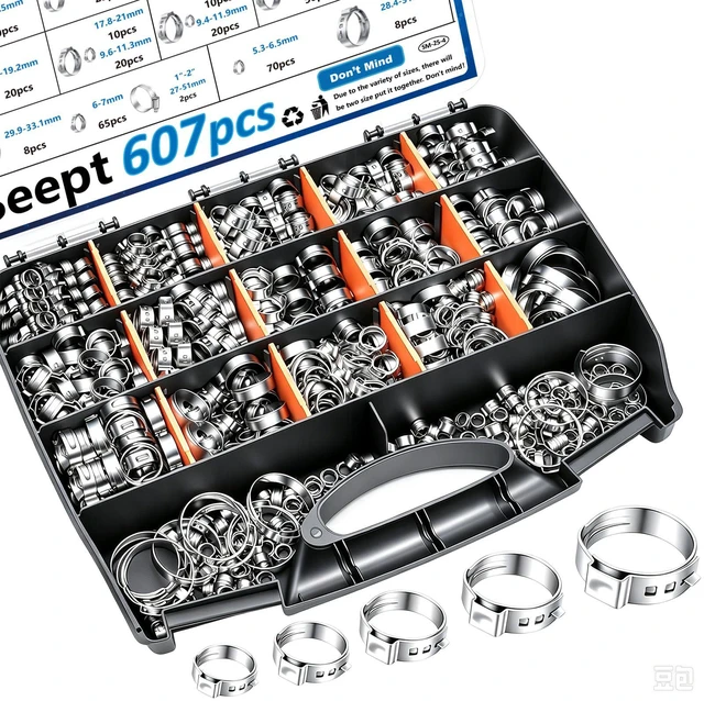 Main image of 607Pcs 22 Sizes Single Ear Hose Clamps with Pliers 5.3-33.1mm 304 Stainless Steel Crimp Hose Clamps Assortment Kit Perfect for Automotive/Home Appliance/Water Pipe and Fuel Line