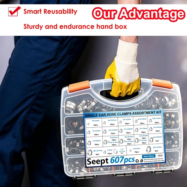 Alt view image 2 of 7 - 607Pcs 22 Sizes Single Ear Hose Clamps with Pliers 5.3-33.1mm 304 Stainless Steel Crimp Hose Clamps Assortment Kit Perfect for Automotive/Home Appliance/Water Pipe and Fuel Line