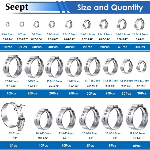 Alt view image 3 of 7 - 607Pcs 22 Sizes Single Ear Hose Clamps with Pliers 5.3-33.1mm 304 Stainless Steel Crimp Hose Clamps Assortment Kit Perfect for Automotive/Home Appliance/Water Pipe and Fuel Line