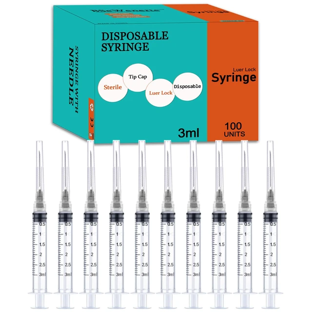 Alt view image 7 of 7 - 100 Pack 3ml/cc Disposable Luer Lock Lab Syringes with 22Ga 1.0 Inch Needle Individually Sealed Packed