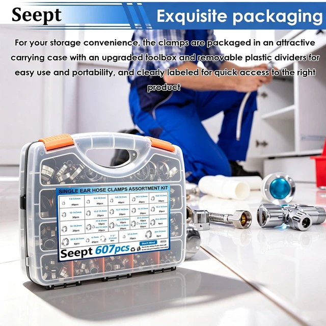 Alt view image 4 of 7 - 607Pcs 22 Sizes Single Ear Hose Clamps with Pliers 5.3-33.1mm 304 Stainless Steel Crimp Hose Clamps Assortment Kit Perfect for Automotive/Home Appliance/Water Pipe and Fuel Line