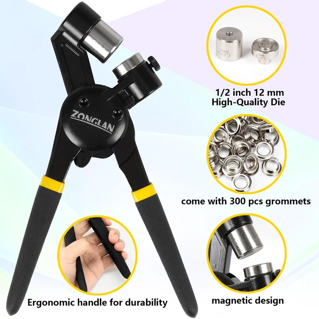 Alt view image 3 of 5 - Heavy Duty Grommet Tool Kit with 1/2 Inch Die and 300 Sets of 12MM Grommets,Handheld Manual Eyelet Tool Rivet Press Punch Pliers for Leather Canvas Fabric