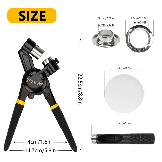 Alt view image 5 of 5 - Heavy Duty Grommet Tool Kit with 1/2 Inch Die and 300 Sets of 12MM Grommets,Handheld Manual Eyelet Tool Rivet Press Punch Pliers for Leather Canvas Fabric