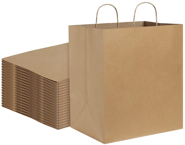 Main image of Paper Bags with Handles 14x10x15.75 Large 50Pcs Ultra Wide Bottom Kraft, Recycled, Sturdy Handles, For Gift Giving, Takeout, Bakery, Food Packing, Paper Recycling, Retail, Grocery Shopping