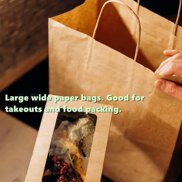 Alt view image 4 of 6 - Paper Bags with Handles 14x10x15.75 Large 25Pcs Ultra Wide Bottom Kraft, Recycled, Sturdy Handles, For Gift Giving, Takeout, Bakery, Food Packing, Paper Recycling, Retail, Grocery Shopping
