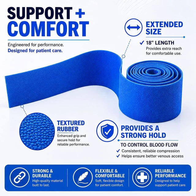 Alt view image 4 of 7 - Disposable Tourniquet 1 x 18, Blue, Latex-Free, 250 Pack Tear-resistant elastic, Rolled & banded, Single-use, First aid, Emergency & home care, Nursing supplies