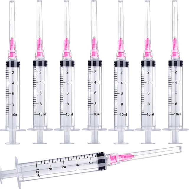 Main image of 100 Pack 10ml/cc Plastic Luer Lock Syringa with 18Ga and Cap, Individually Sealed Wrapped, for Scientific Labs, Measuring Liquid, Refilling Cartridges or Glue Applicator