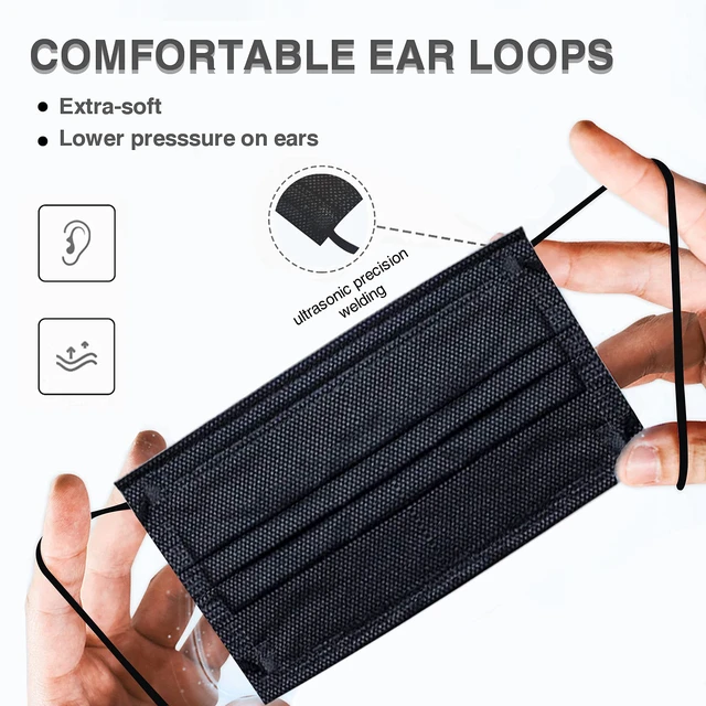 Alt view image 2 of 7 - 100 Pieces Black Disposable Face Masks, Non Woven 3ply Earloop Disposable Masks, Fit for Adults