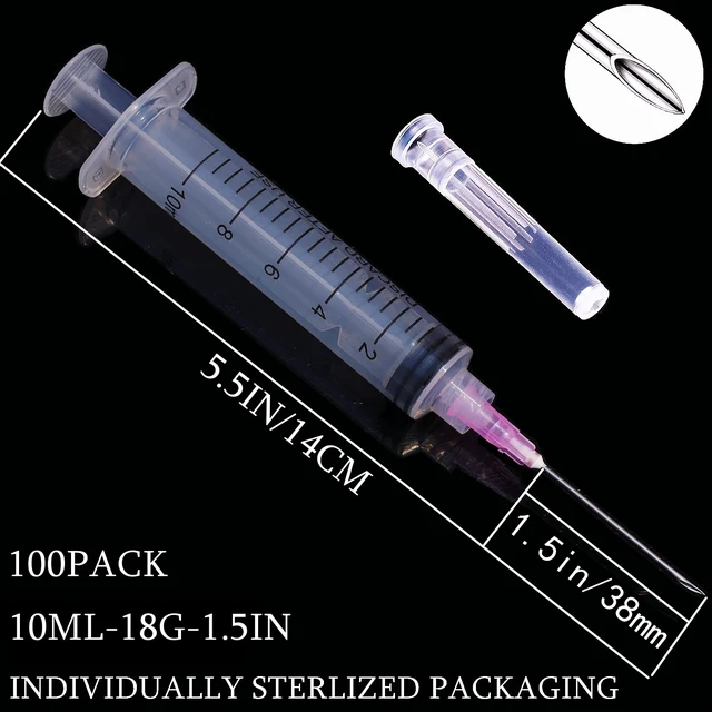 Alt view image 2 of 7 - 100 Pack 10ml/cc Plastic Luer Lock Syringa with 18Ga and Cap, Individually Sealed Wrapped, for Scientific Labs, Measuring Liquid, Refilling Cartridges or Glue Applicator