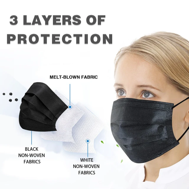 Alt view image 3 of 7 - 100 Pieces Black Disposable Face Masks, Non Woven 3ply Earloop Disposable Masks, Fit for Adults