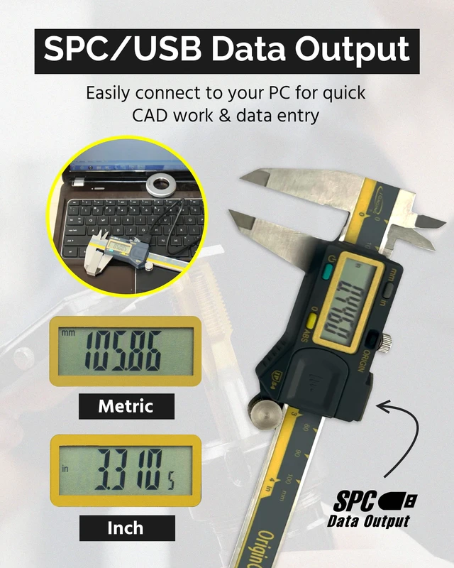 Alt view image 4 of 7 - Absolute Origin 0-4" Digital Caliper, IP54 Stainless Steel, SPC/USB Output Port, Inch & Metric Modes, Case, Manual