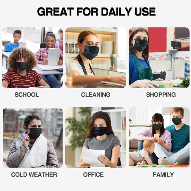 Alt view image 7 of 7 - 100 Pieces Black Disposable Face Masks, Non Woven 3ply Earloop Disposable Masks, Fit for Adults