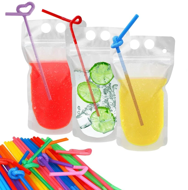 Main image of 100 Pcs Drink Pouches with 100 Straw Holes Freezable Juice Pouches Translucent Reclosable Zipper Plastic Pouche Drink Bags for Cold & Hot Drinks for Adults and Kids Pool Party