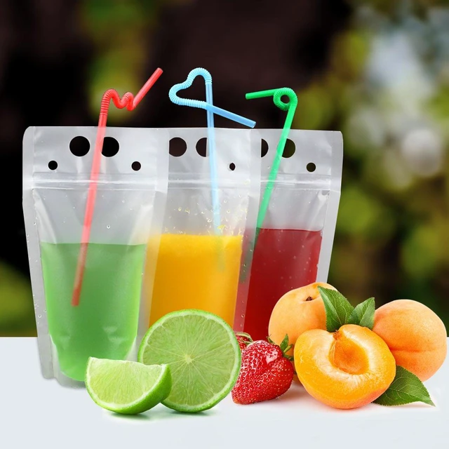 Alt view image 4 of 7 - 100 Pcs Drink Pouches with 100 Straw Holes Freezable Juice Pouches Translucent Reclosable Zipper Plastic Pouche Drink Bags for Cold & Hot Drinks for Adults and Kids Pool Party