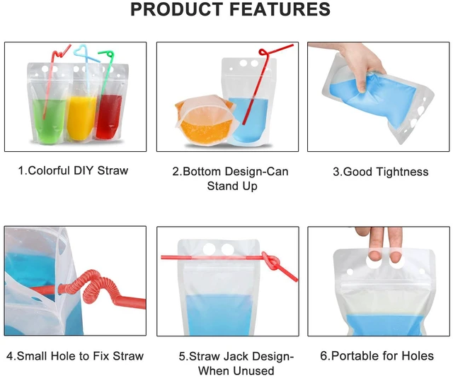 Alt view image 6 of 7 - 100 Pcs Drink Pouches with 100 Straw Holes Freezable Juice Pouches Translucent Reclosable Zipper Plastic Pouche Drink Bags for Cold & Hot Drinks for Adults and Kids Pool Party