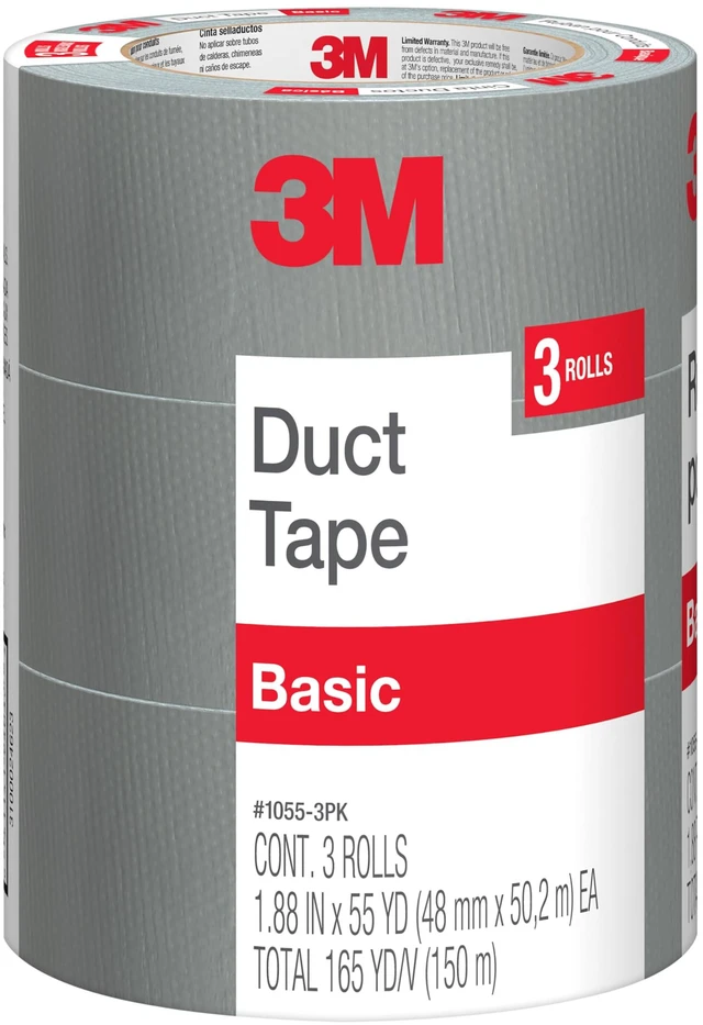 Main image of Basic Duct Tape, 1.88 in x 55 yd, 3 Rolls Hand Tear Silver Duct Tape for Temporary Repairs, Indoor Use, Great for Bundle, Patch, Protect & Repair (1055-3PK)